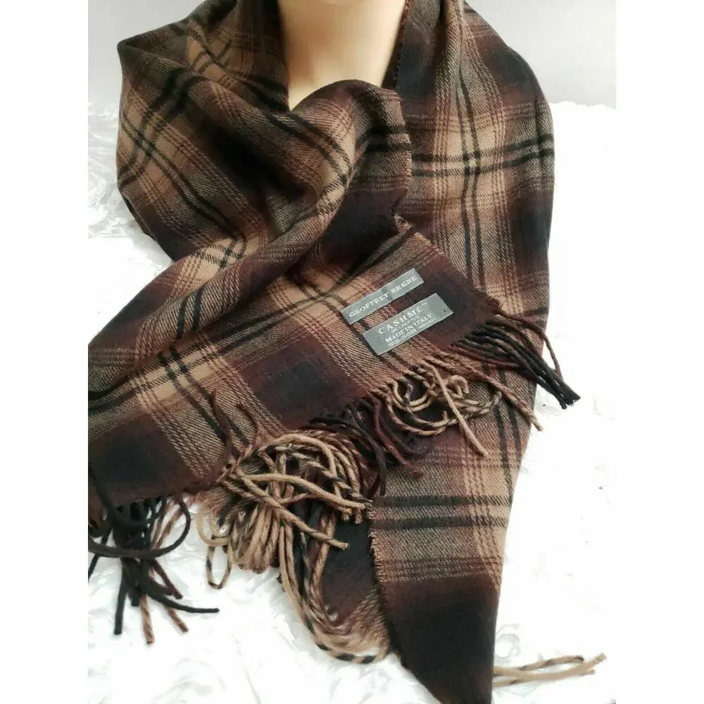 Geoffrey Beene Made in Italy Acrylic Brown Scarf Plaid Fringed 12